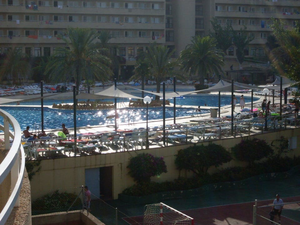 Der Pool mit Hauptgebäude Hotel Club Cala Romani