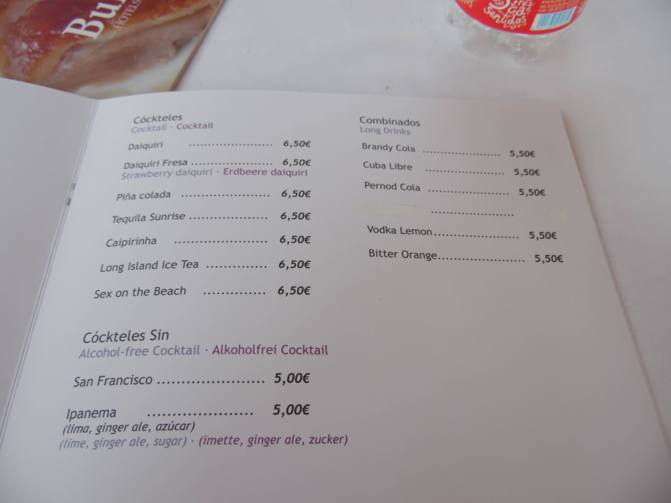 Speisekarte Poolbar Bull Costa Canaria & Spa - Adults only