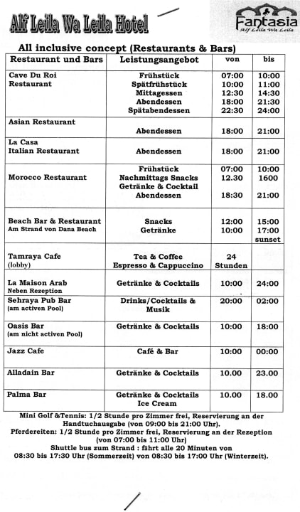 Lffnungszeiten der Bars&Restaurants Pickalbatros Alf Leila Wa Leila Resort - Neverland Hurghada