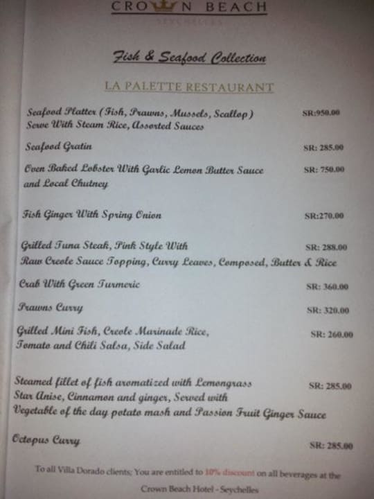 Speisekarte des benachbarten Hotels Villa Dorado