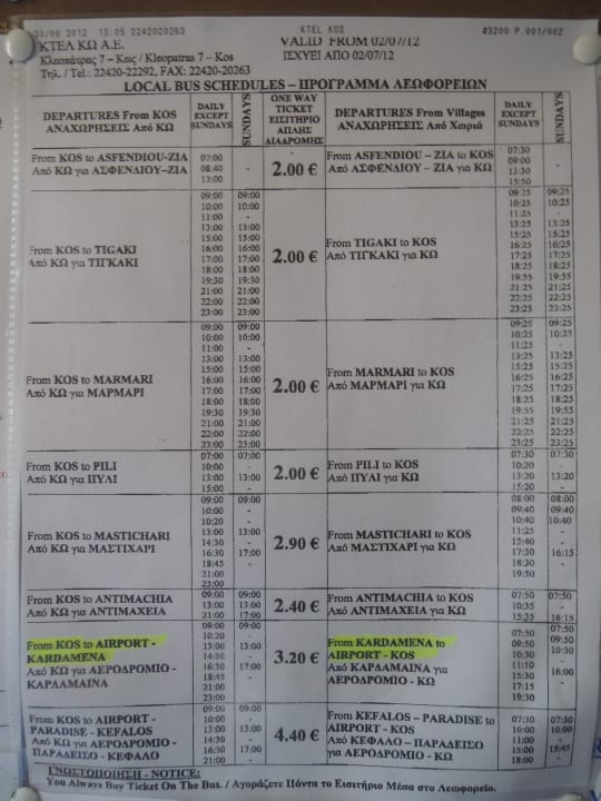 Busfahrplan Kardamena =>Kos Stadt Lagas Aegean Village