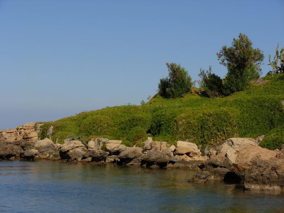 Blick vom Strand zur Gartenanlage Crystal Springs Beach Hotel