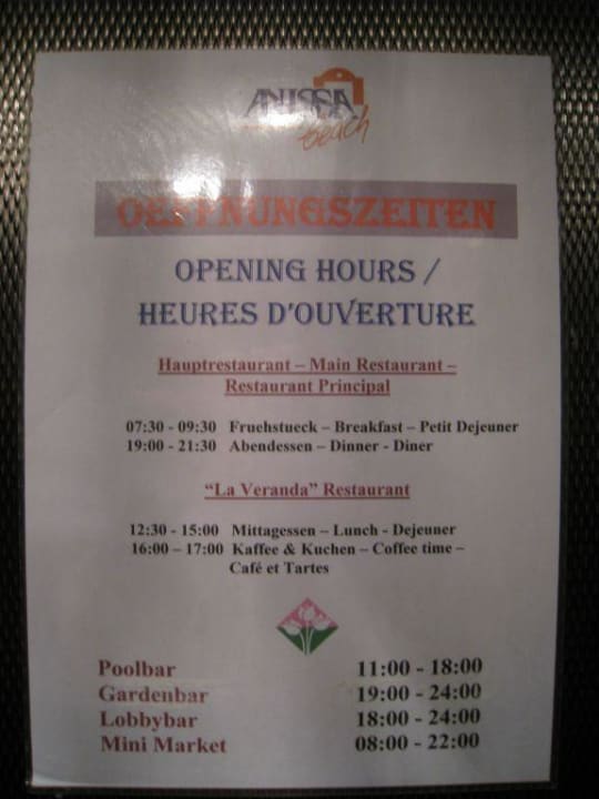 Öffnungszeiten Anissa Beach & Village