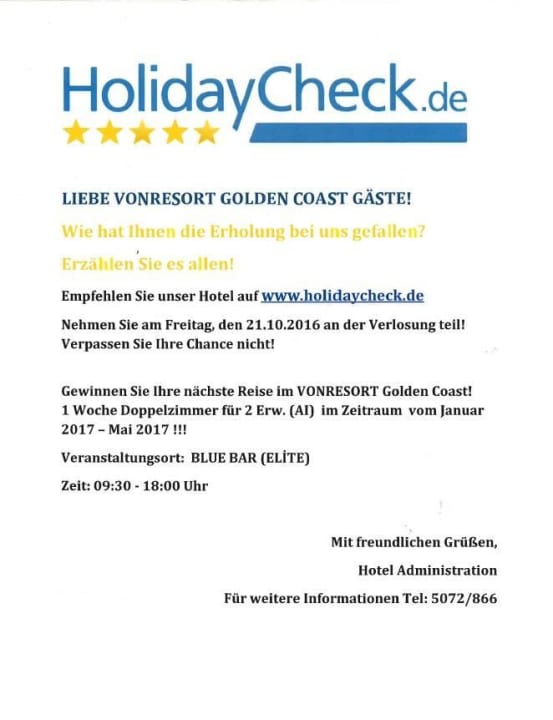 Bewertungsanfrage vom Hotel VONRESORT Golden Coast