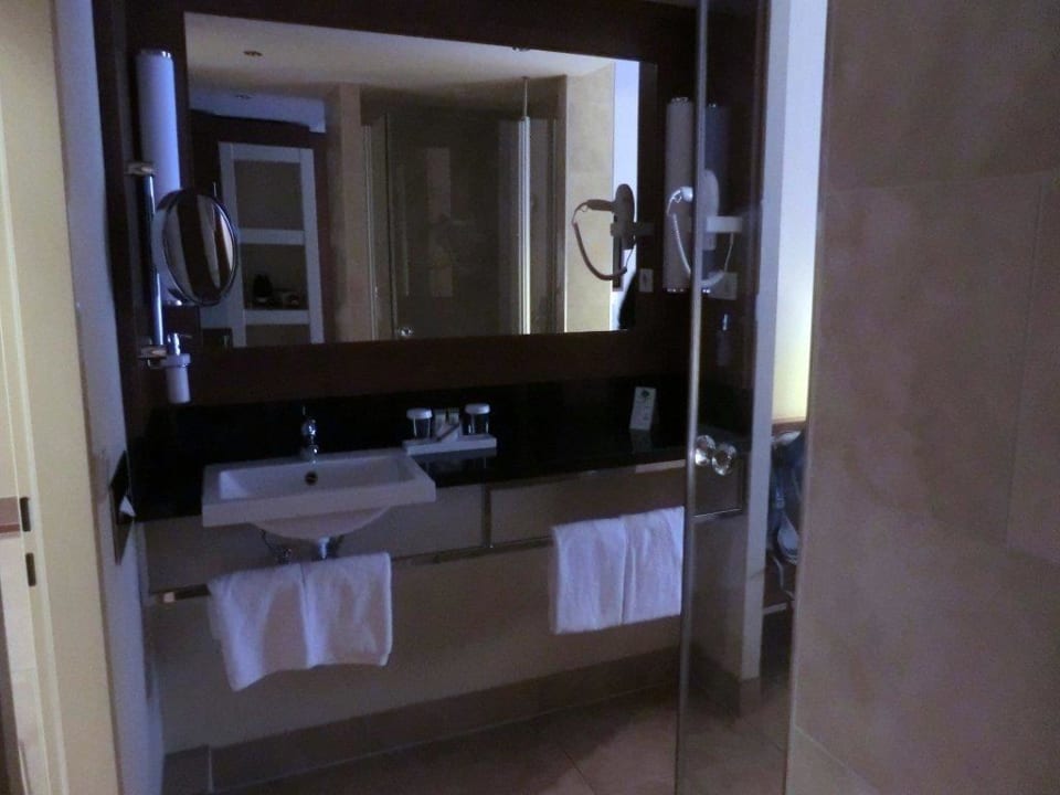 Waschbecken und Dusche offen im Zimmer Lindner Hotel Hamburg Am Michel, part of JdV by Hyatt