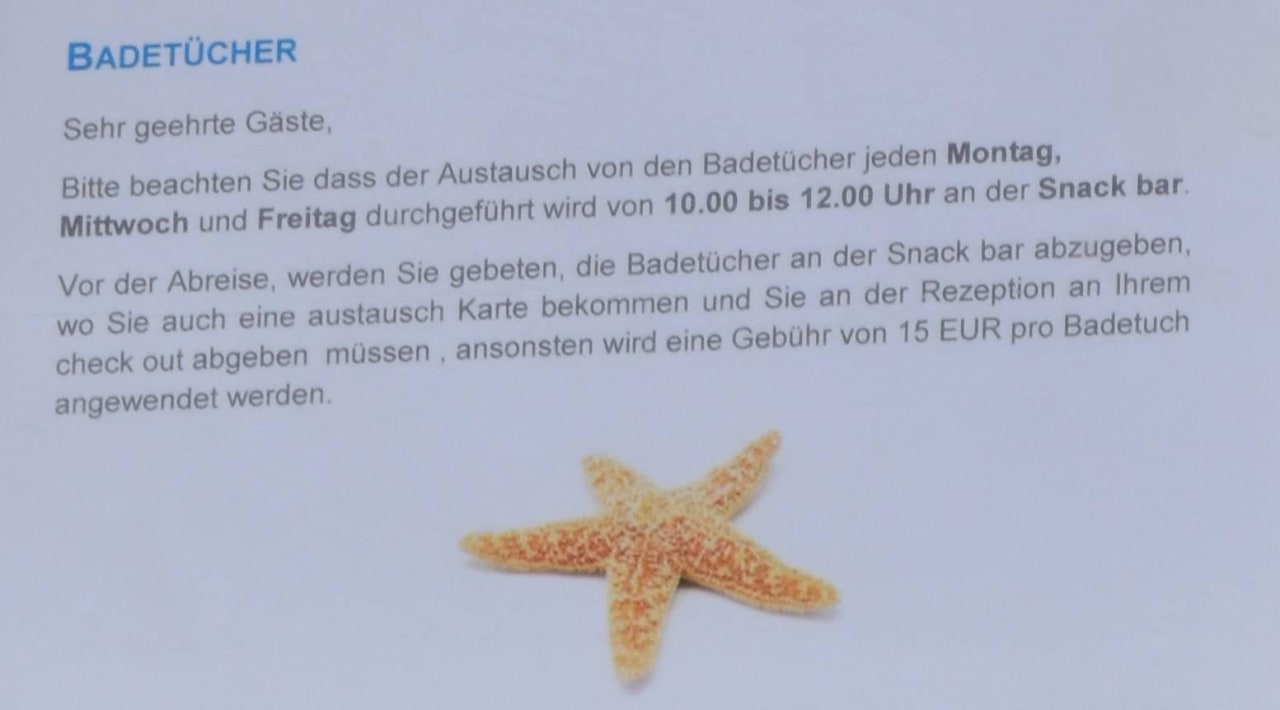 Regeln zum Badetuchtausch 3 x wöchentlich v. 10-12 I Resort Beach Hotel & Spa