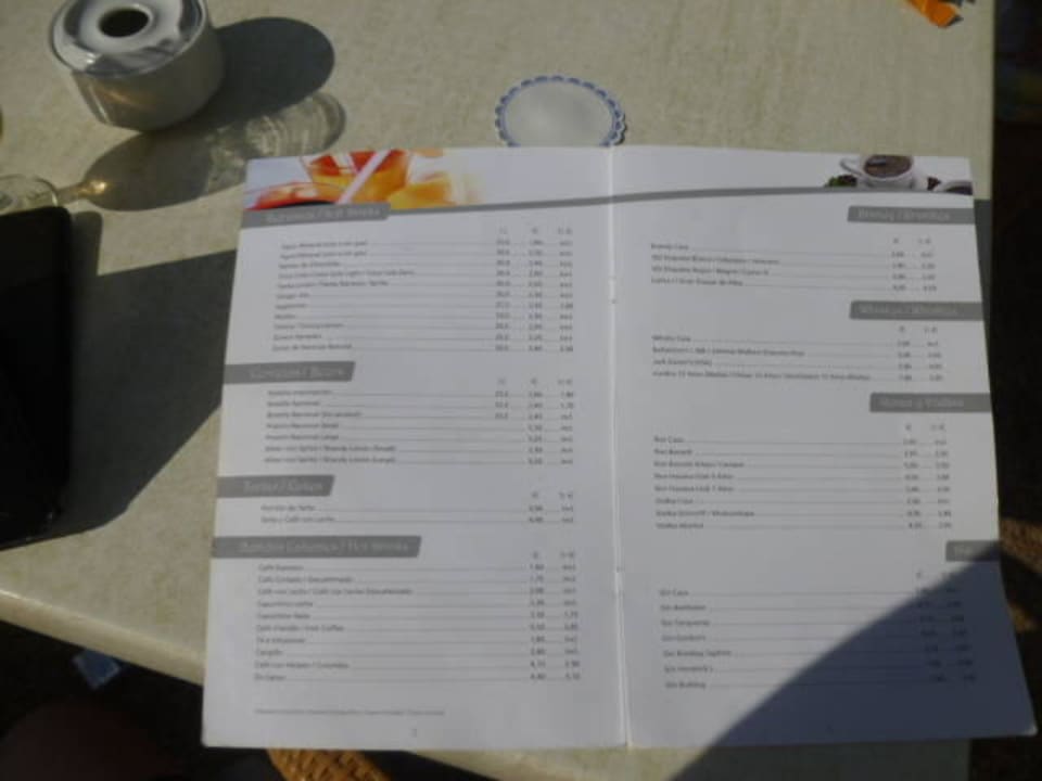 Carte de prix boissons Hipotels La Geria