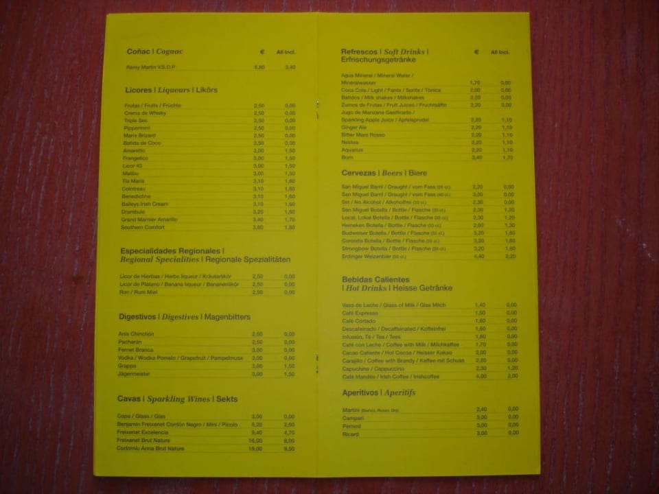 "Karte von der Cocktailbar" Hotel Barcelo La Galea (Vorgänger-Hotel