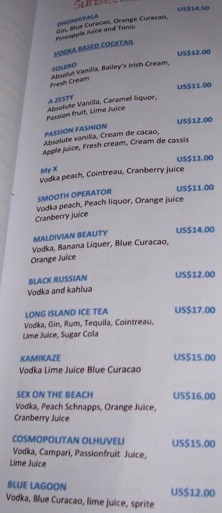 Beispielseite der Getränkekarte  Sun Siyam Olhuveli