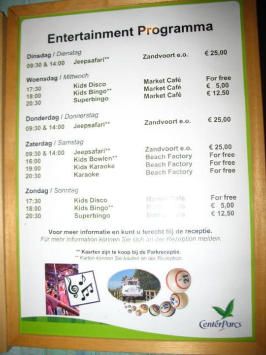 Aushang mit den Wochenangeboten Center Parcs Park Zandvoort