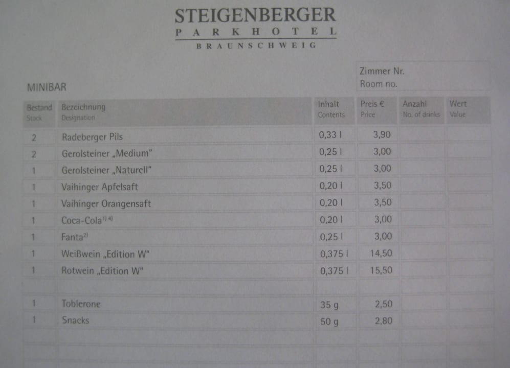 Minibar-Preisliste Steigenberger Parkhotel Braunschweig