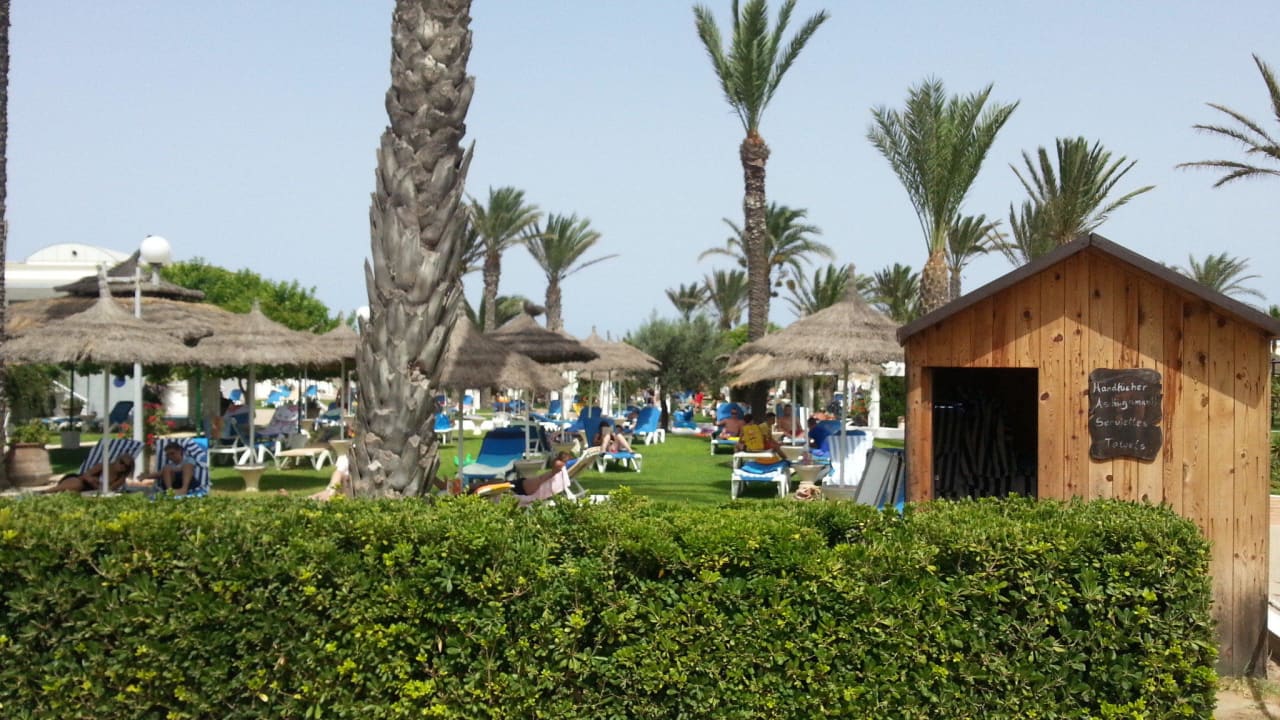 Blick zur Gartenanlage mit Liegen und Schirmen El Mehdi Beach Resort