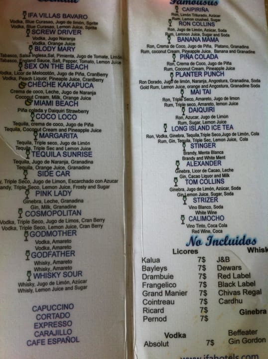 Cocktail Karte Villas Bavaro Resort & Spa