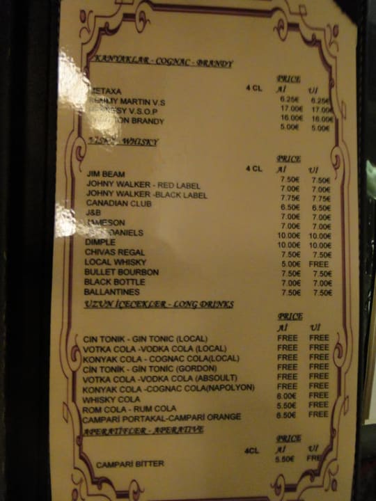 Karta napojów w lobby Belek Beach Resort Hotel