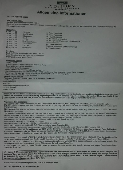 Informationsblatt vom Hotel  ( Stand Juni 2016 ) Hotel Victory Resort