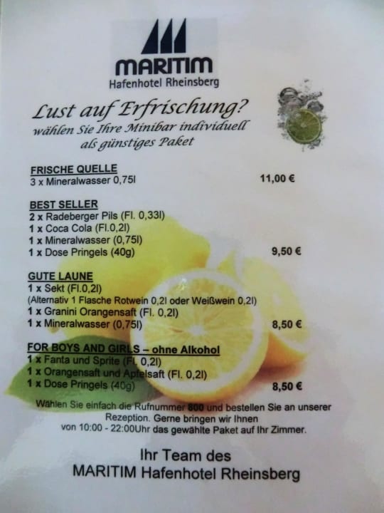 Minibarbestellschein Precise Resort Hafendorf Rheinsberg