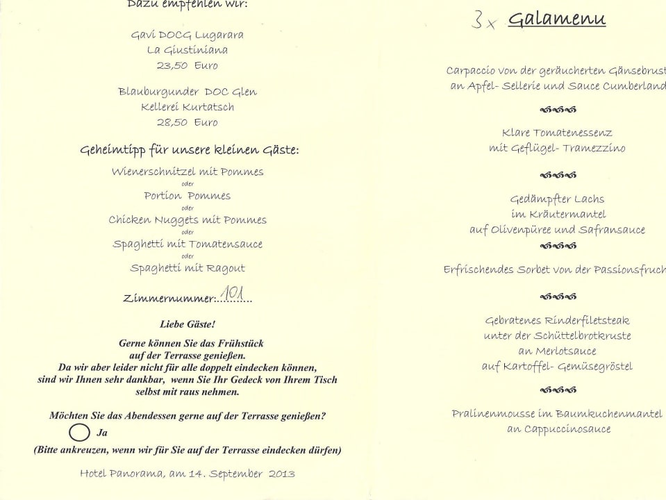 Abendmenü Hotel Panorama