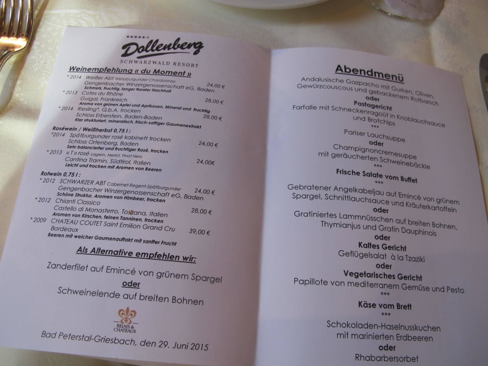 Ein abendliches Menü Schwarzwald Resort Dollenberg