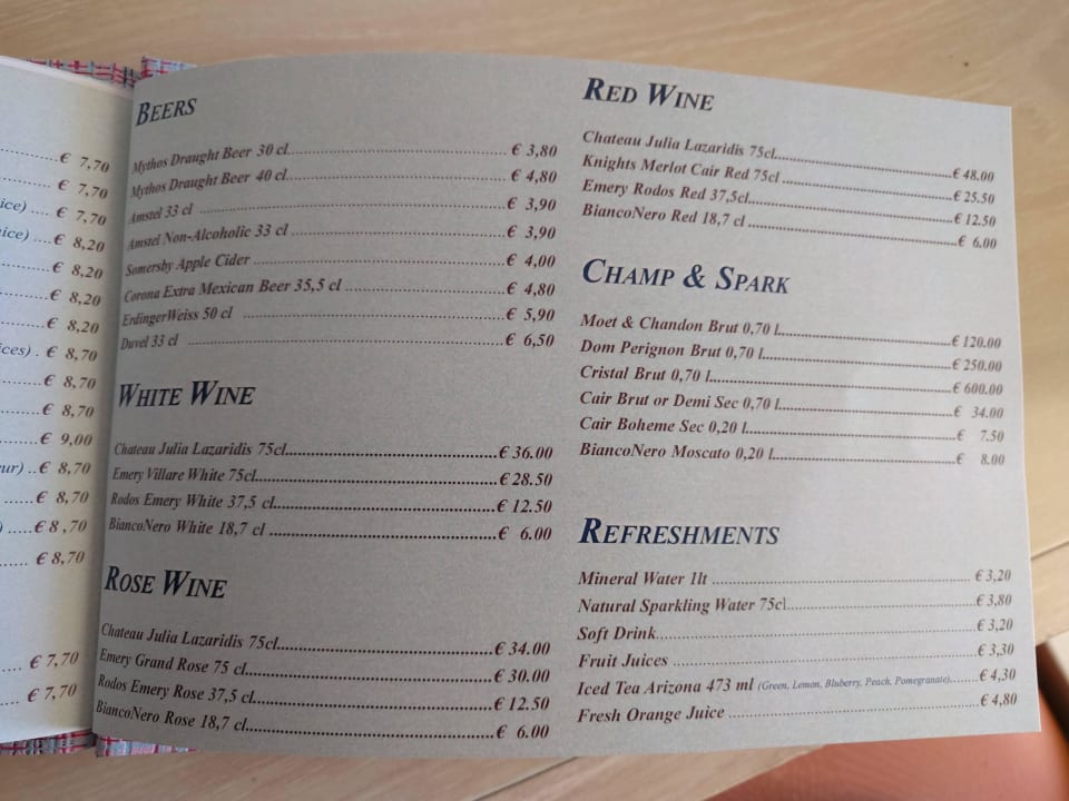 Getränkekarte Rodos Palladium Leisure & Wellness