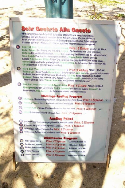 Preistabelle Ausflüge Puri Santrian