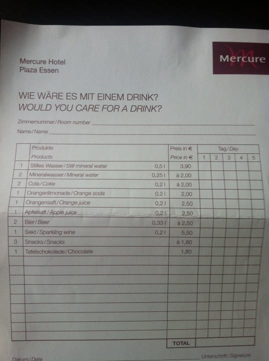 Minibar Preise Mercure Hotel Plaza Essen