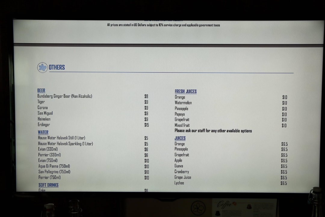 Getränkepreise (zzgl 10%service zzgl 12% tax) Constance Halaveli Maldives