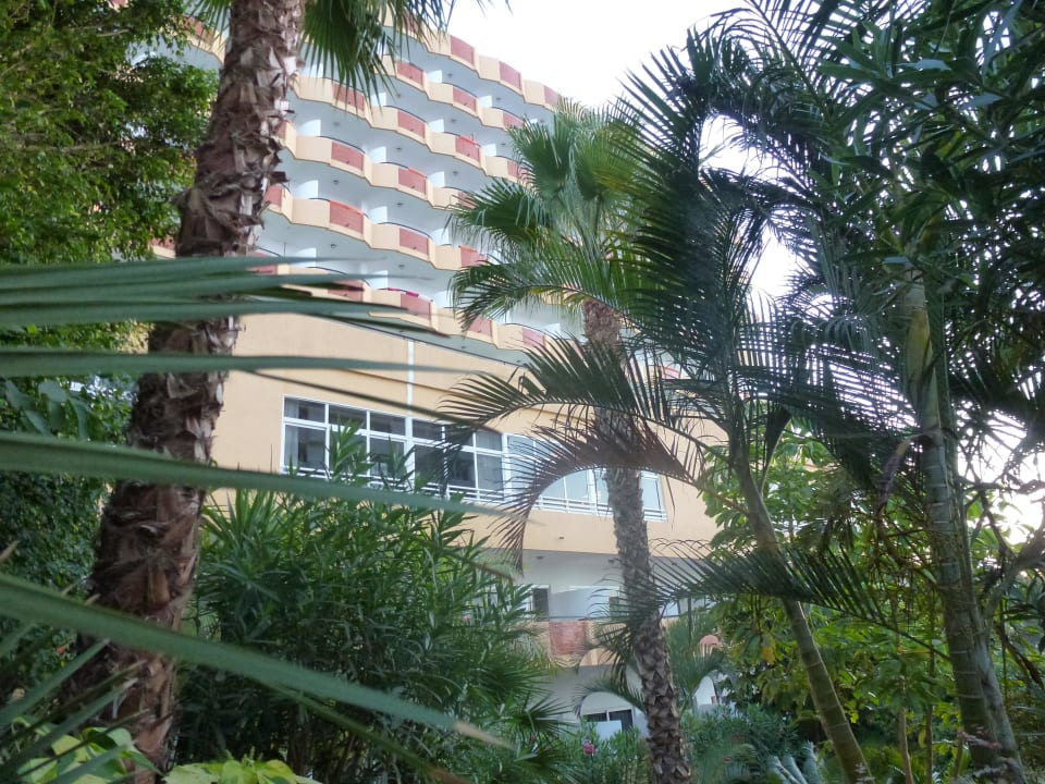 Ausblick vom Garten auf Hotel/Restaurant allsun Hotel Lucana