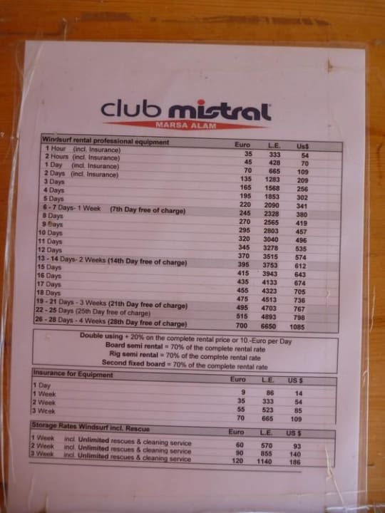 Preisliste Mistral Shams Alam Beach Resort