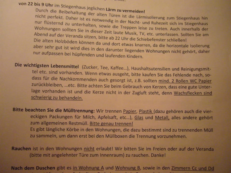 Teil der Hausordnung Ferienwohnungen Sonnwirtstöckl