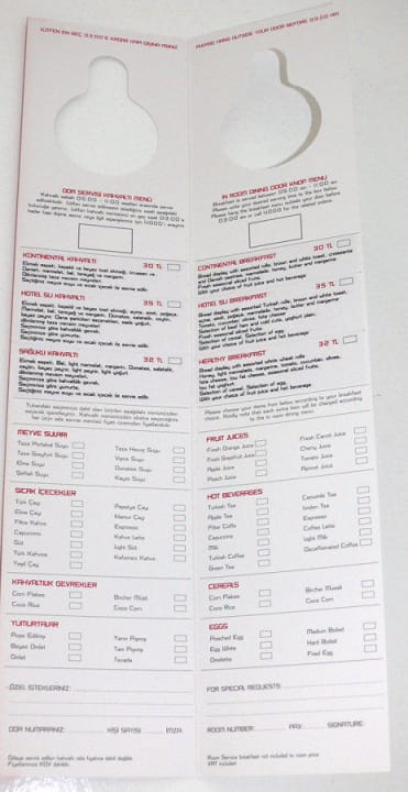 Roomservice - Frühstückskarte Hotel SU & Aqualand