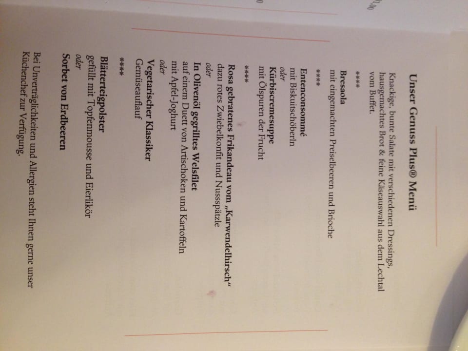 Auszug eines Dinners aja Fürstenhaus am Achensee