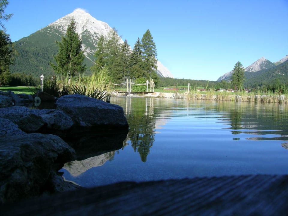 Blick auf Bioteich und Hohe Munde Alpenhotel Karwendel