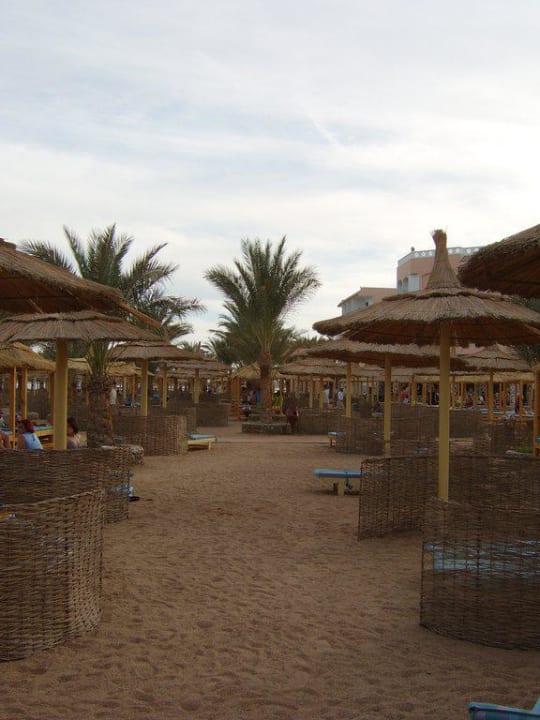 Liegebetten mit Sonnenschutz am Strand Pickalbatros Aqua Park Resort - Hurghada