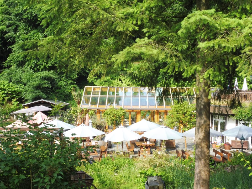 Im Hintergrund der Wintergarten Hotel Boltenmühle