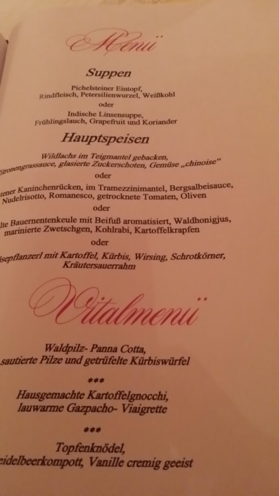 Speisekarte Alpenrose Wellnessresidenz