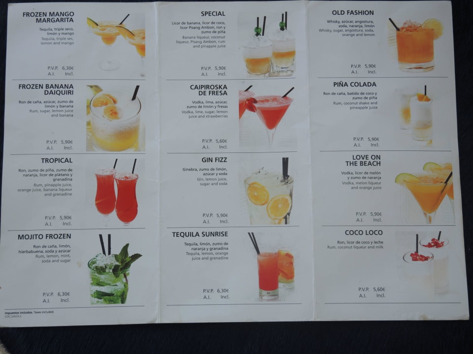 Preisliste Cocktails Ausschnitt H10 Timanfaya Palace - Adults only
