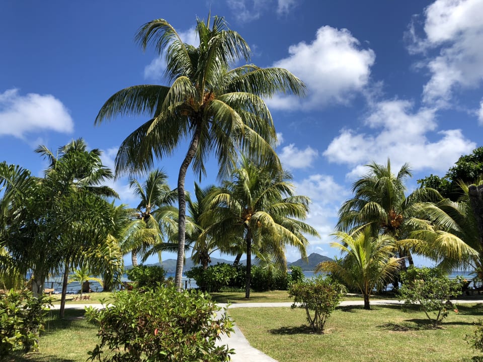Blick von Den Chalets zum Meer  La Digue Island Lodge