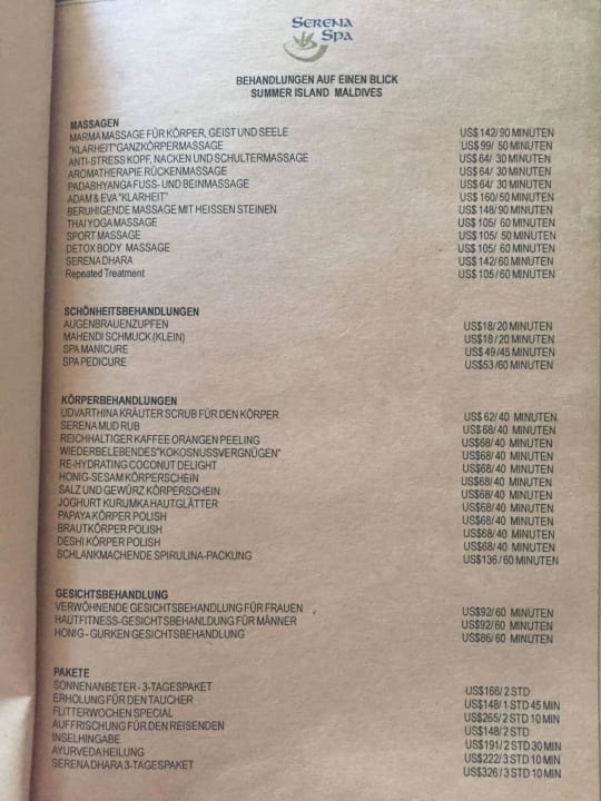 Cennik SPA Summer Island Maldives