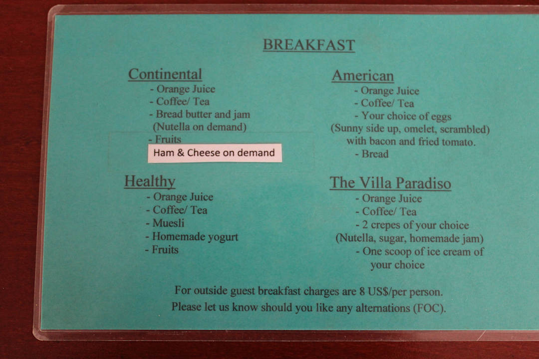 Frühstückskarte Hotel The Villa Paradiso