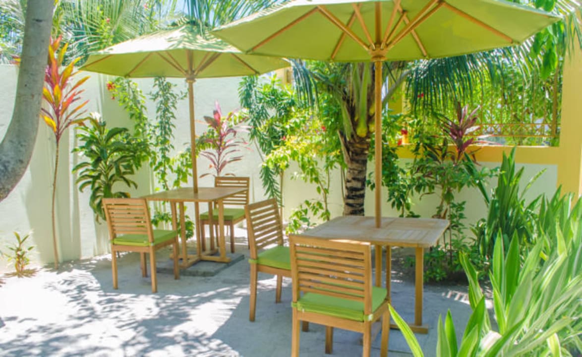 Frühstück Garten / Breakfast Garden Guesthouse Whale Shark Maamigili