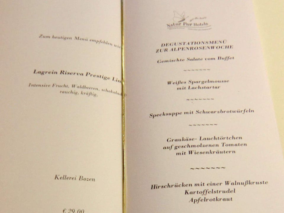 Eine Speisekarte vom Menü Hotel Seerast
