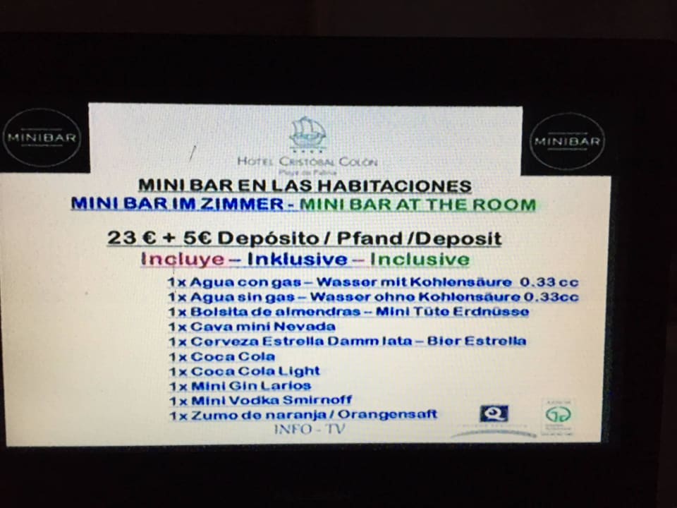 Inhalt Kühlschrank allsun Hotel Cristóbal Colón