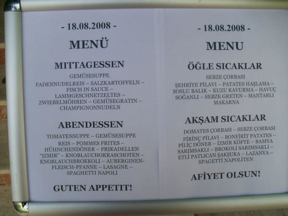 Speisekarte vom 18.08.2008 Hotel Gardenia Beach