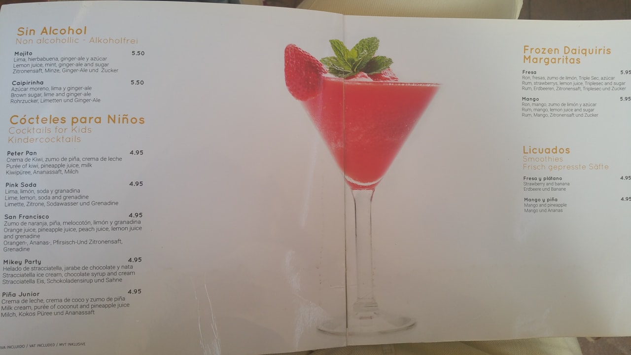 Bar- & Cocktailkarte Canyamel Sun Aparthotel