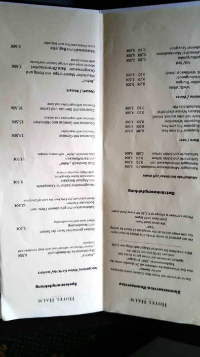 Getränke-/Speisenkarte Zimmer Hotel Halm Konstanz