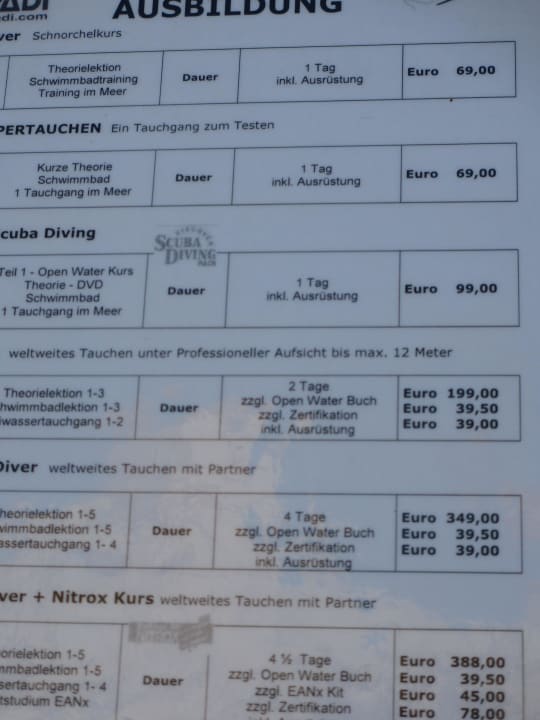Preisliste Tauchen und Schnorcheln Sentido Akassia Beach