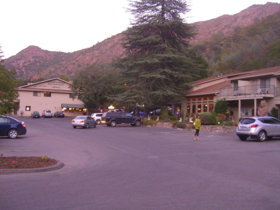 Blick über den Parkplatz zur Hotelanlage  Yosemite Cedar Lodge