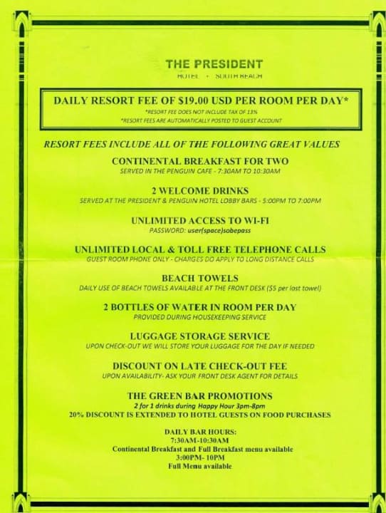 Resort Fee The President Hotel