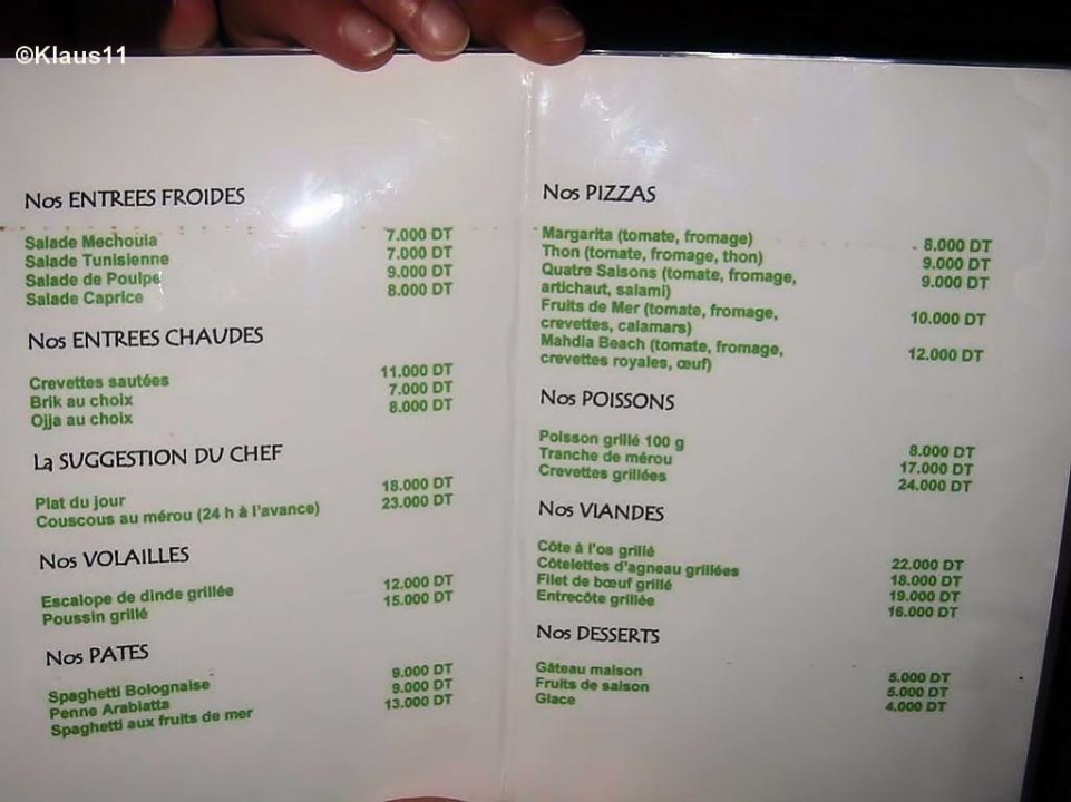 Menukarte à la carte Restaurant Mahdia Beach & Aquapark
