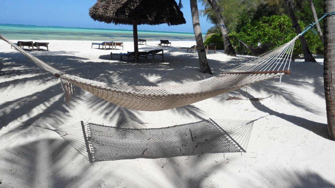 Eine von vielen Hängematten am Strand Pongwe Beach Hotel